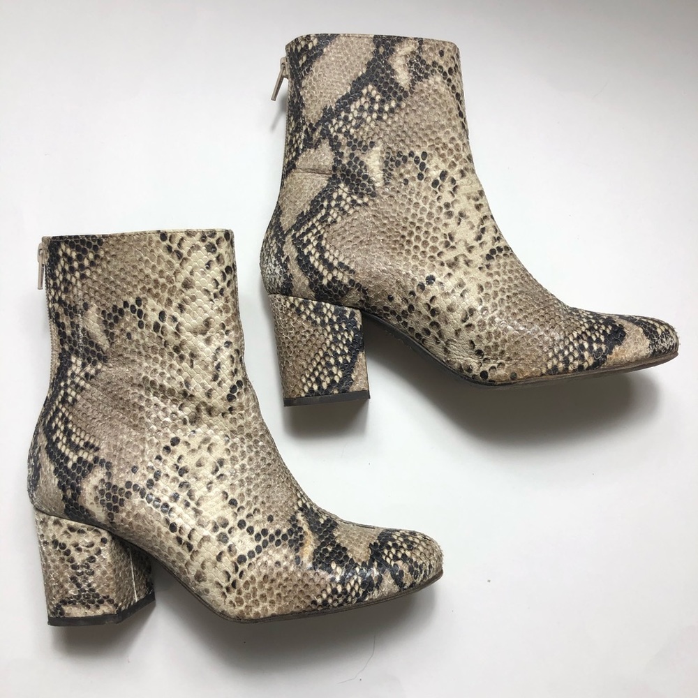 Free People Snake Print Ankle Boots in Beige and Black